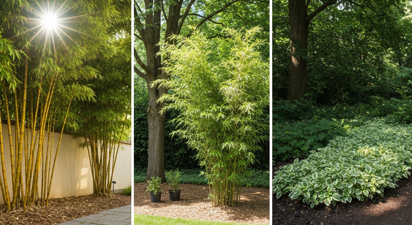 Panoramic garden showing Phyllostachys in full sun, Fargesia in dappled morning light, and Pleioblastus as shaded groundcover — illustrating different bamboo light conditions.