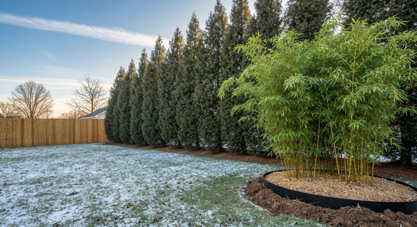 Bamboo clump in a Nebraska yard with mulch and visible rhizome barrier, sheltered by an evergreen windbreak.