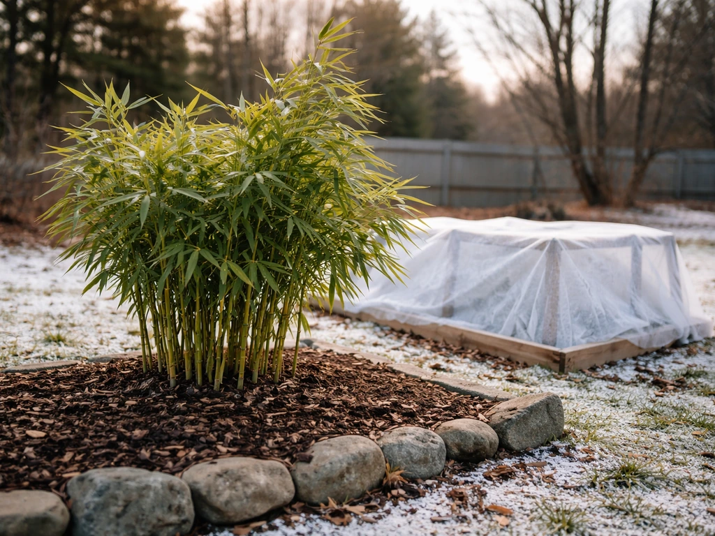 Hardy bamboo clumps thriving in a sheltered Maine backyard with winter mulch and simple protective structure