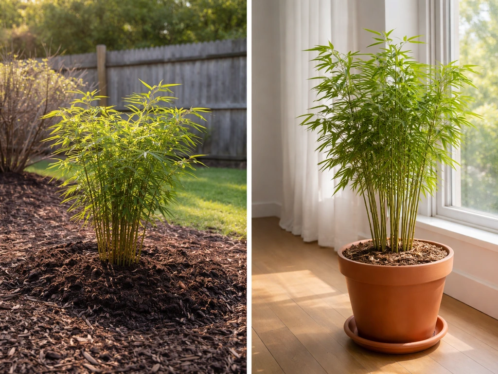 Split view of outdoor mulched bamboo in a Maine yard and indoor potted bamboo by a window.