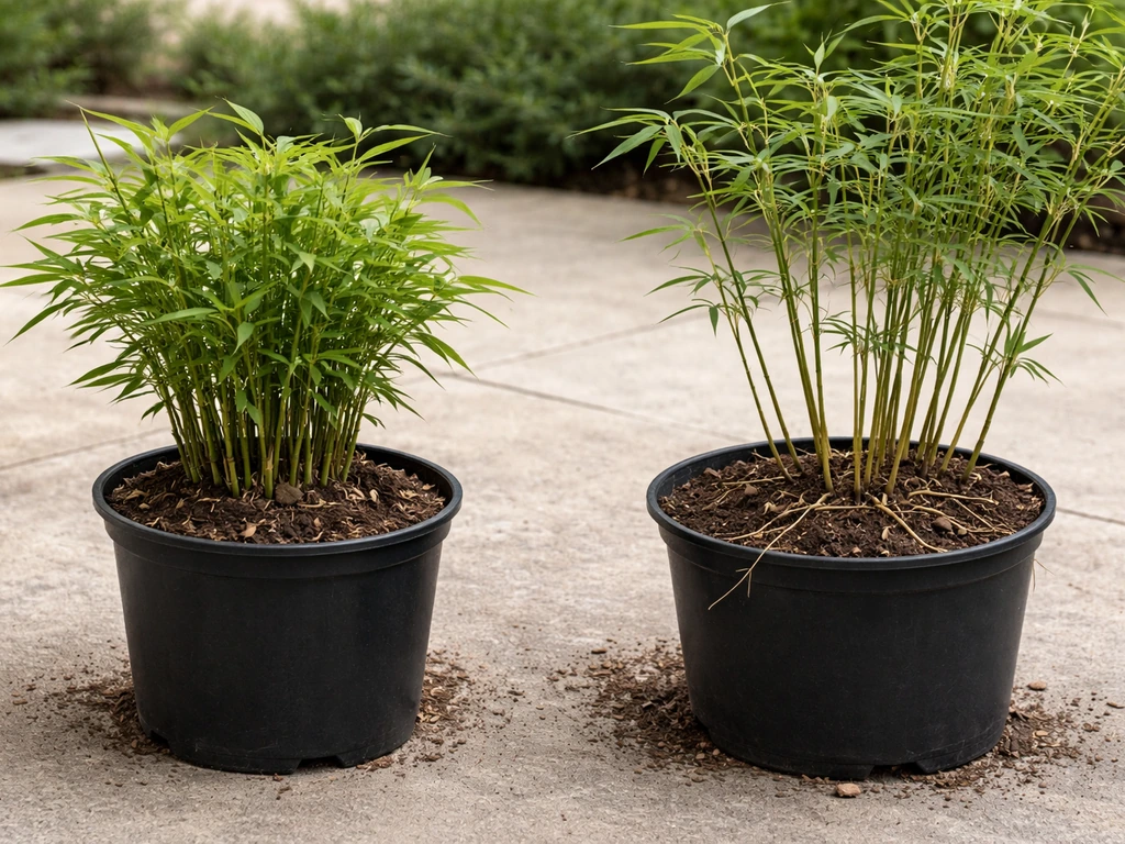 Two small potted bamboo varieties showing clumping tight spread versus running rhizomes extending outward.