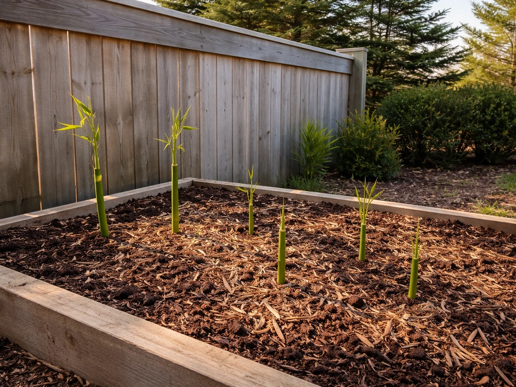 Young bamboo plants in a sheltered Maine garden bed beside a south-facing fence, bright sun overhead.