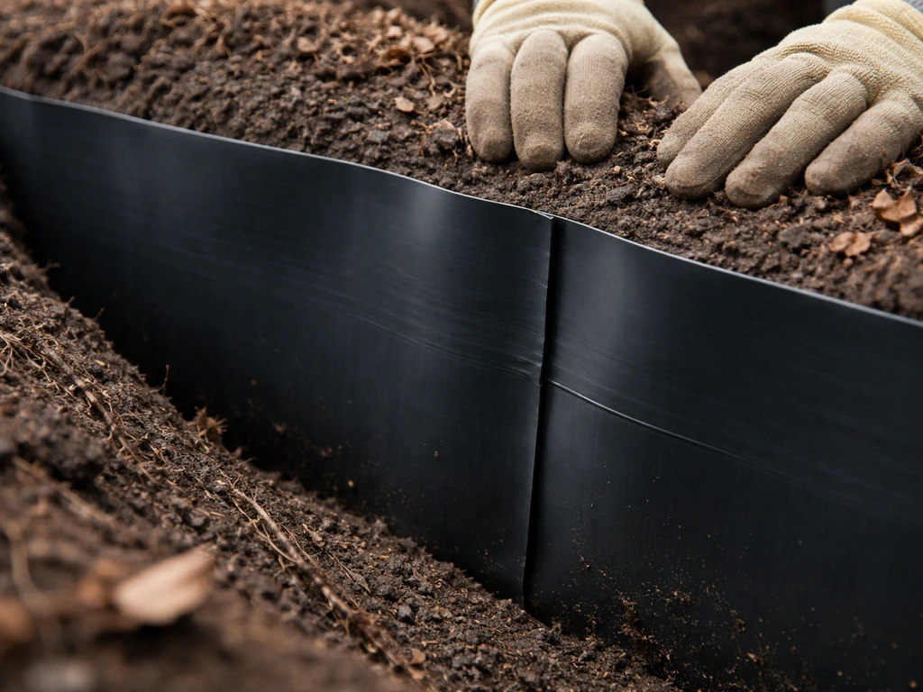 Close-up of black HDPE rhizome barrier installed in a trench with overlapping edges and depth visible.