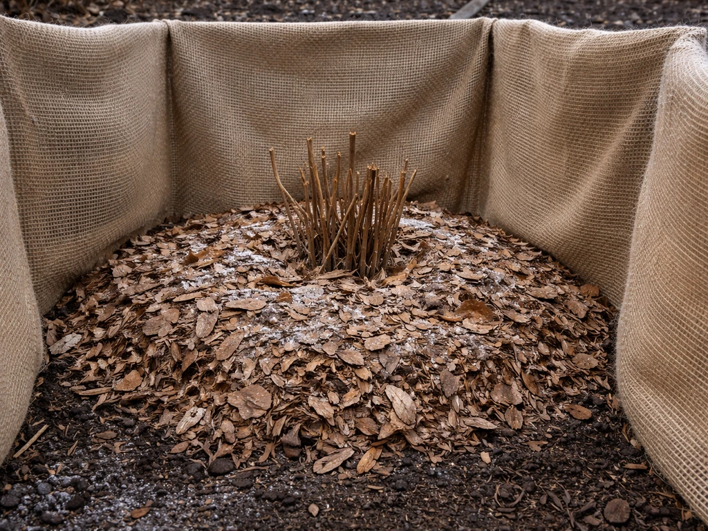 Thick leaf mulch over plant roots with burlap wind screening around the base in cold weather