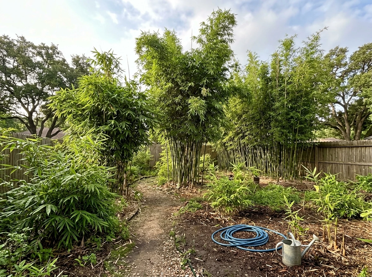 Bamboo growing in a Texas yard with dense culms and a watering hose in view.
