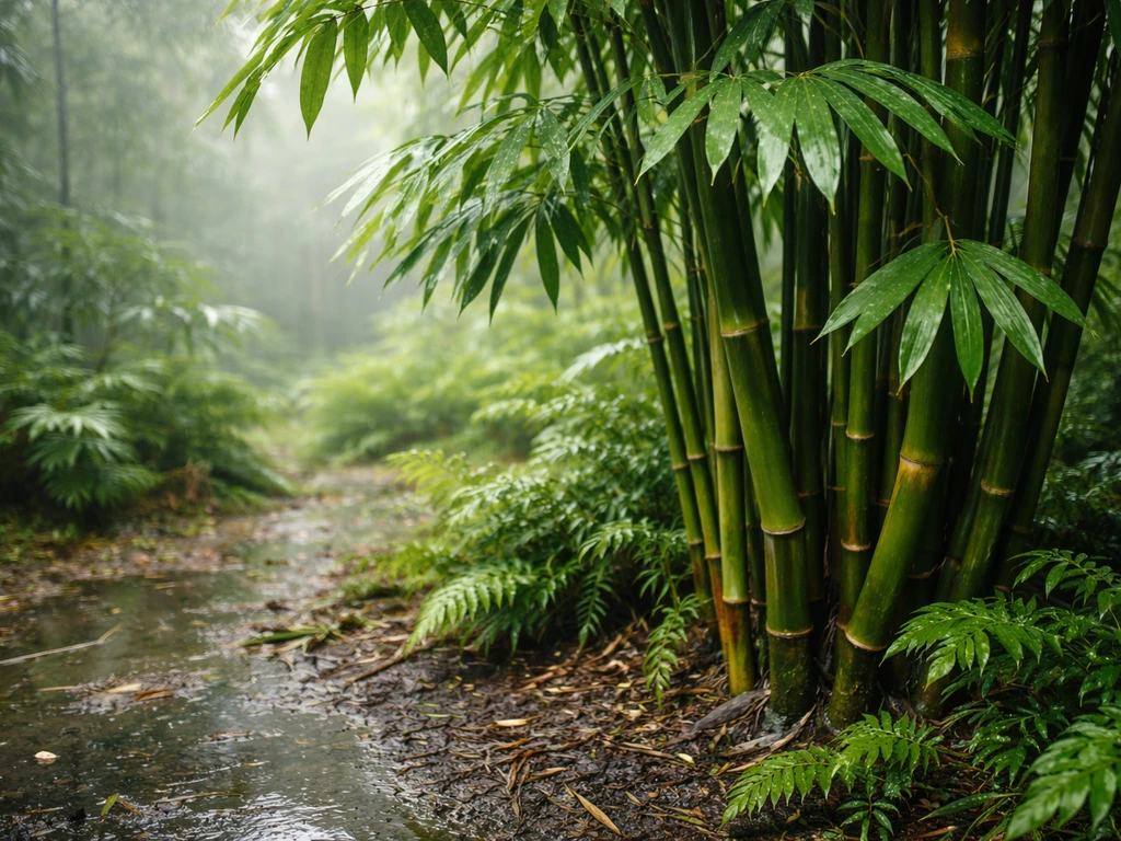 Lush bamboo growing in humid, rain-soaked tropical soil with misty air and wet leaves.