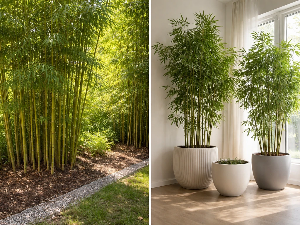 Split scene showing bamboo outdoors in ground and bamboo in containers indoors under bright light.