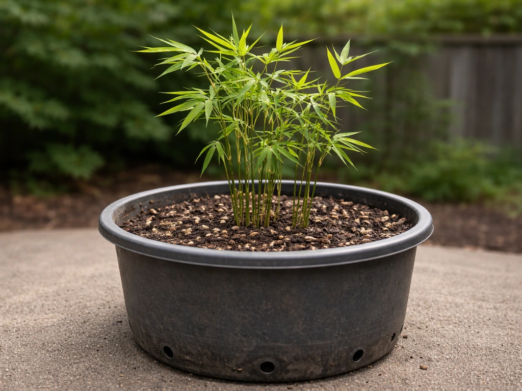 Young bamboo growing in a large outdoor container with visible drainage holes and soil mix.