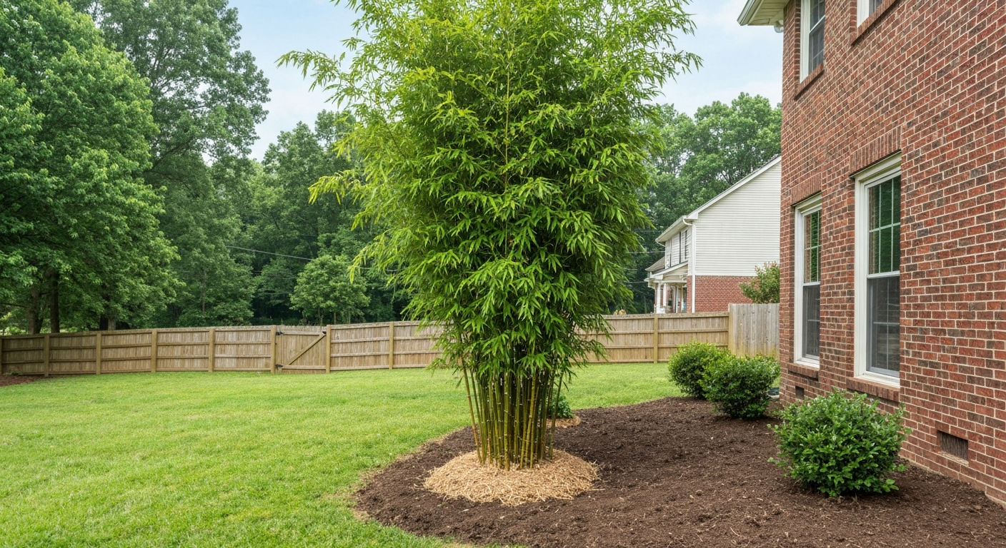 Residential Kentucky garden in early summer with a healthy clumping bamboo (Fargesia) under partial shade, mulch around the base, and a brick house and fence in the background.