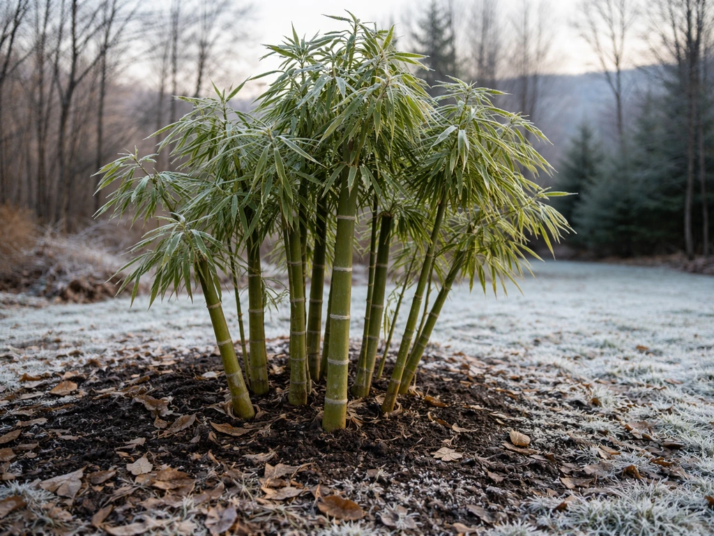 Hardy bamboo culms in a wintry yard with frosty ground and bare trees in the background.