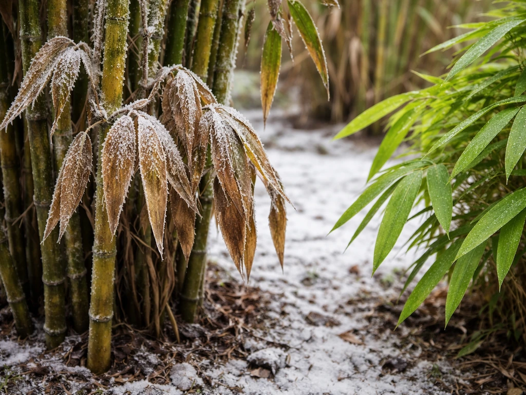 Frost-damaged bamboo leaves and culms beside healthier green bamboo in a snowy garden.
