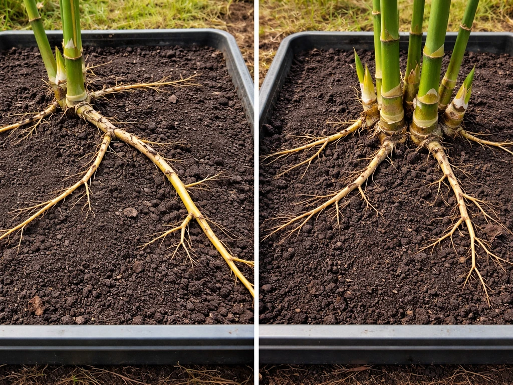 Side-by-side close-up of running versus clumping bamboo rhizomes in soil, showing different spread patterns.