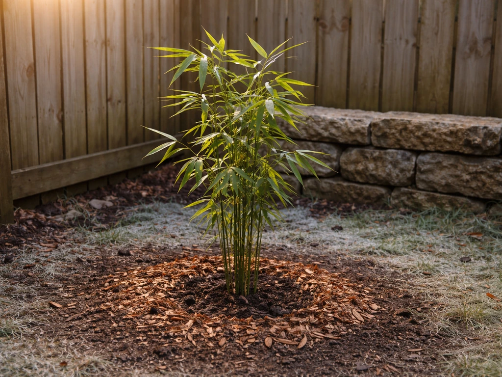 Bamboo planted in a sheltered yard spot near a fence and stone wall in cool morning light.