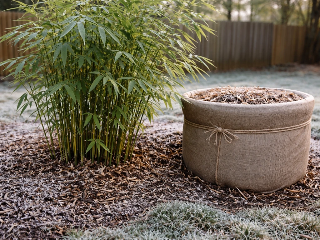 Bamboo in a mulched planted bed next to a winter-wrapped container pot in a cold backyard.