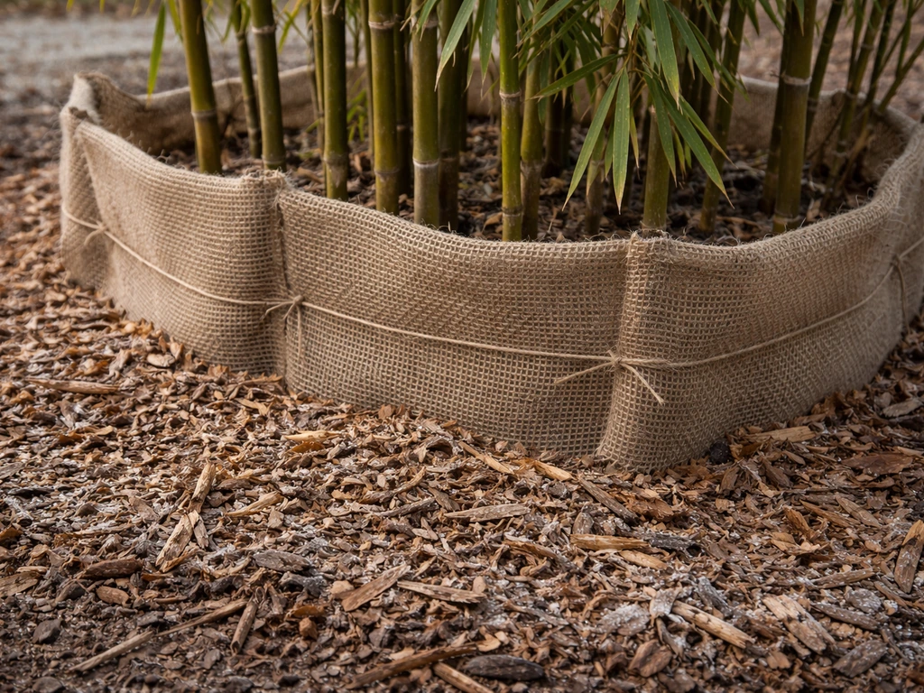 Mulched bamboo rhizome zone with thick organic mulch and a simple burlap windbreak around culms in winter.