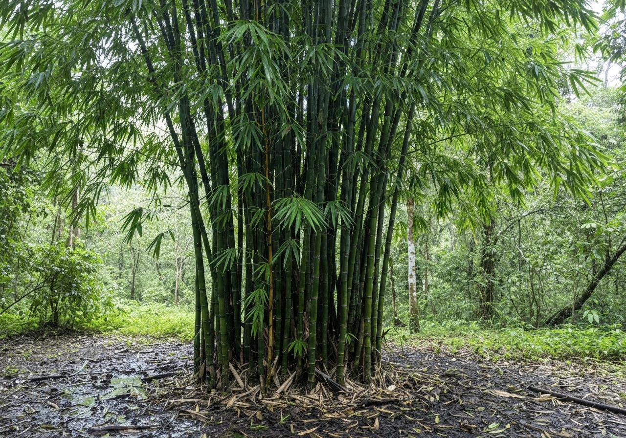 Dense wild bamboo clump with green leaves in a humid forest in Mexico