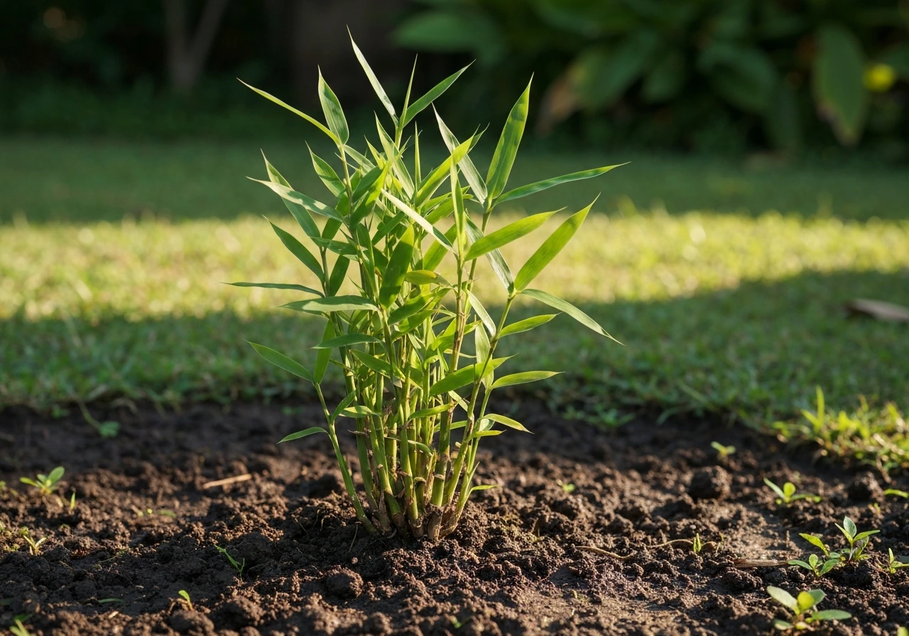 Close-up of Otatea acuminata Mexican weaving bamboo clumps with green leaves in sunlit soil