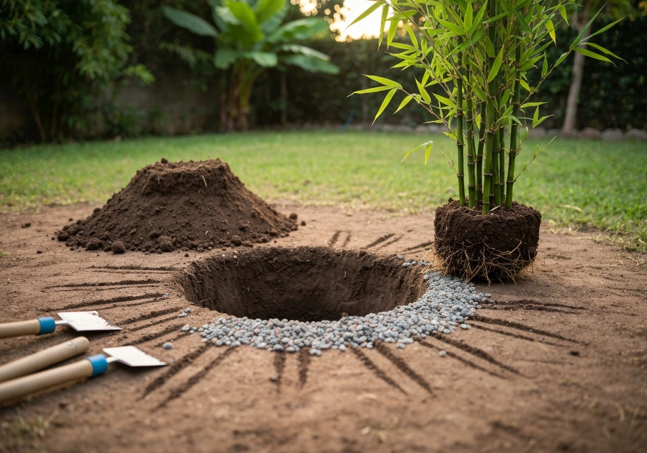 Prepared planting hole with improved drainage and a newly planted bamboo clump in a garden.