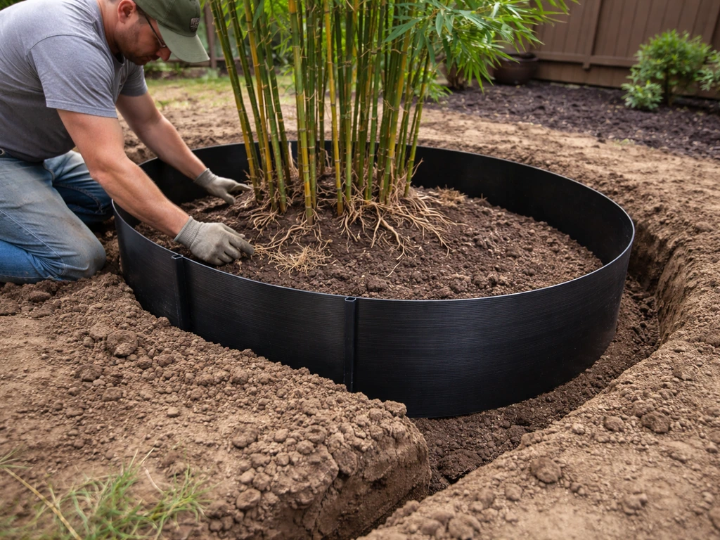 Installer fitting an HDPE rhizome barrier trench around running bamboo to prevent underground spread.