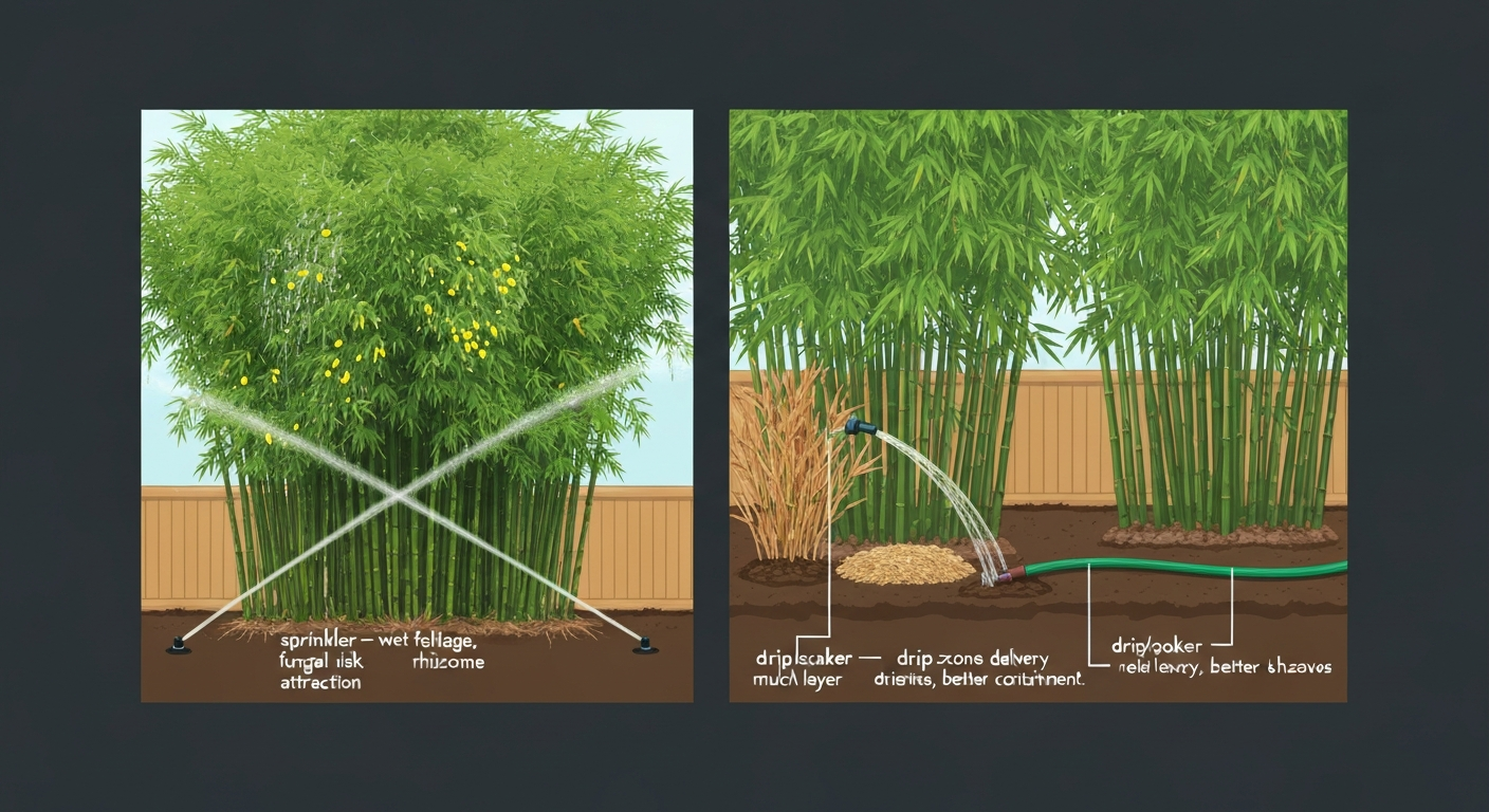 Infographic of backyard bamboo comparing overhead sprinklers (wet leaves, leaf spots, rhizomes moving toward water) with drip/soaker irrigation (water at soil, dry leaves, healthy shallow rhizomes).