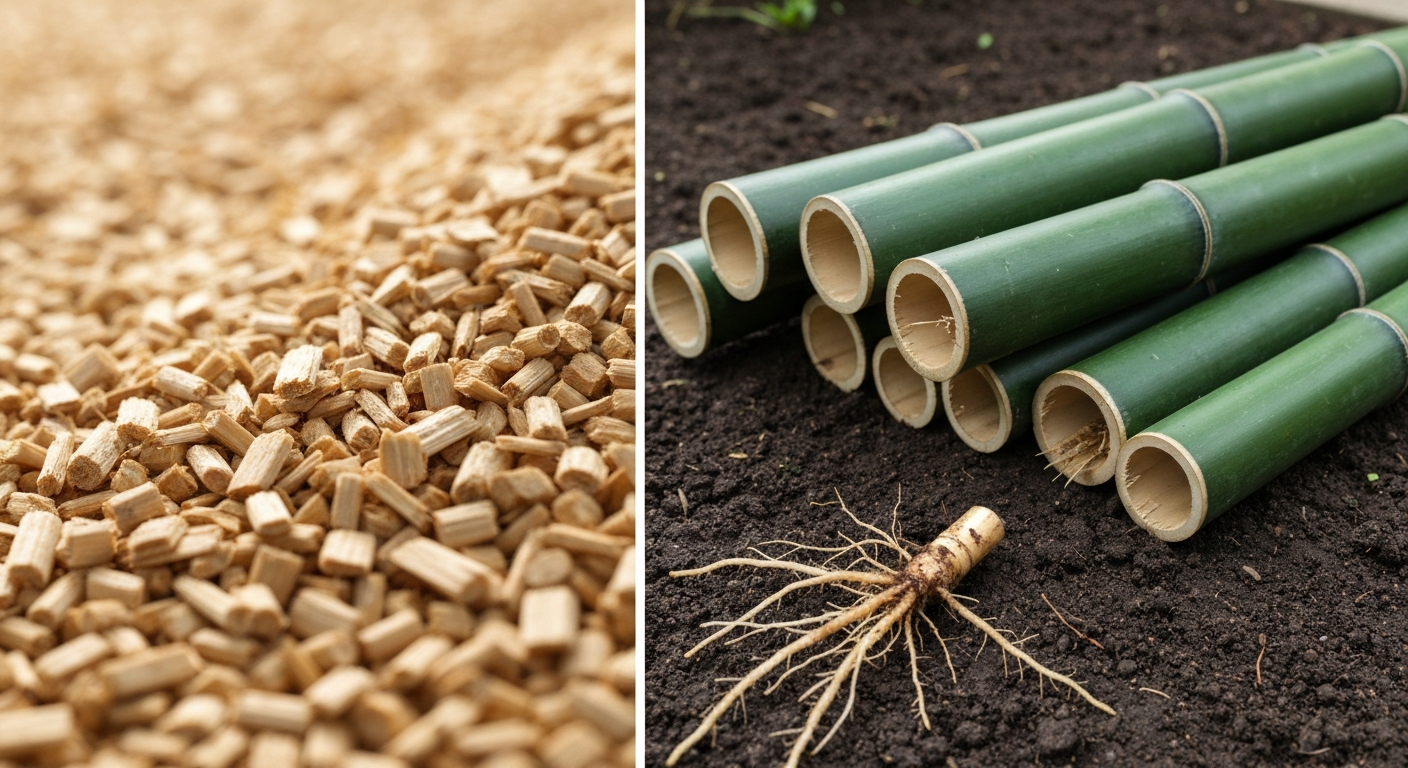 Split photo: left—finely chipped bamboo mulch with no visible nodes; right—intact bamboo culm segments showing nodes and a short rhizome with roots.
