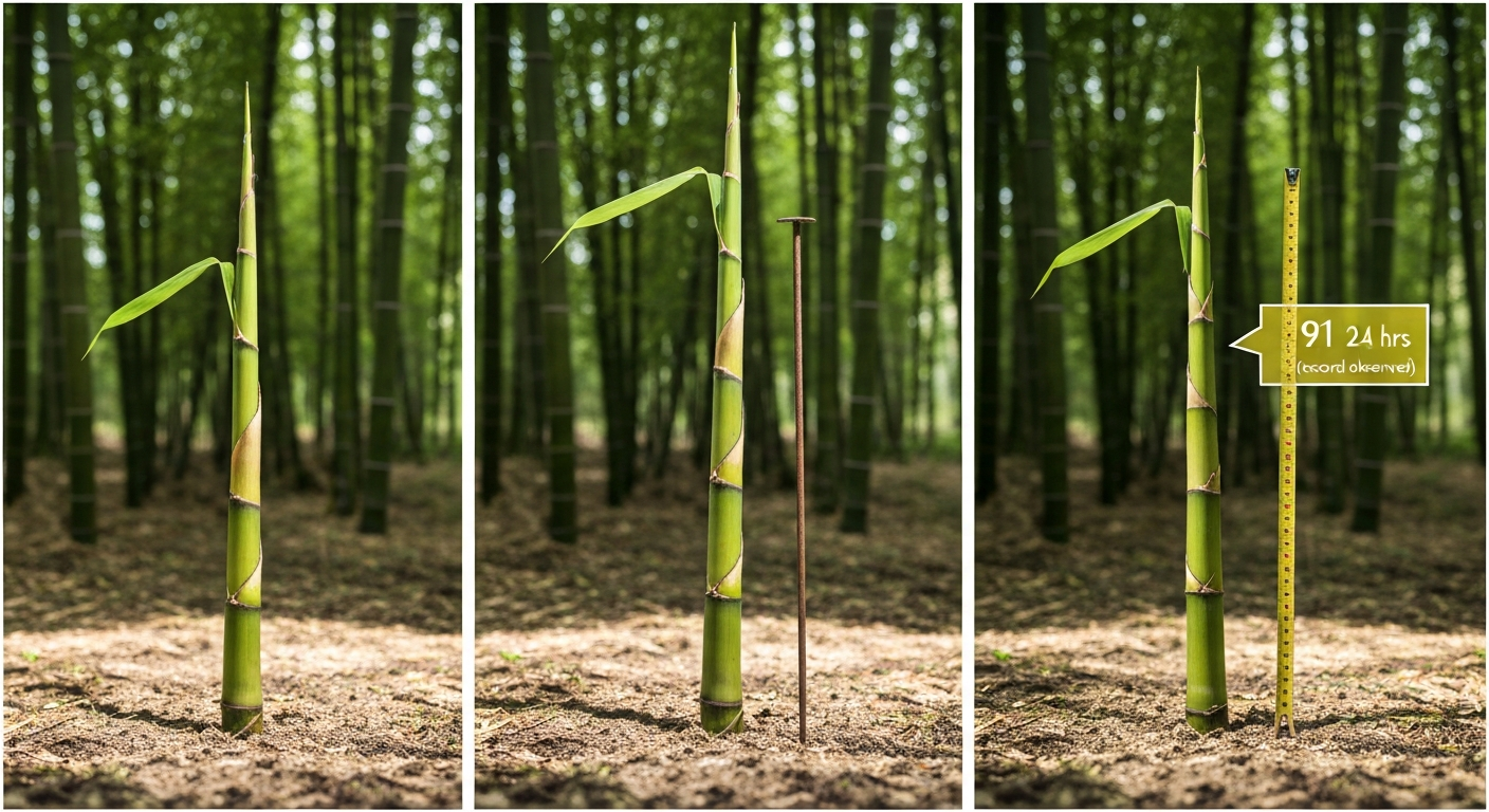 Triptych photo of a Moso bamboo shoot at morning, midday, and evening beside a stake and tape measure showing a 91 cm growth in 24 hours