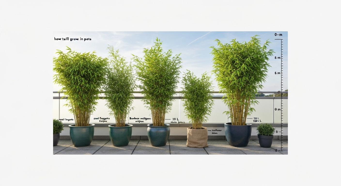 Patio with multiple potted bamboos of varying sizes and pot volumes, with an overlaid height scale (0–8 m) and pot-volume labels.