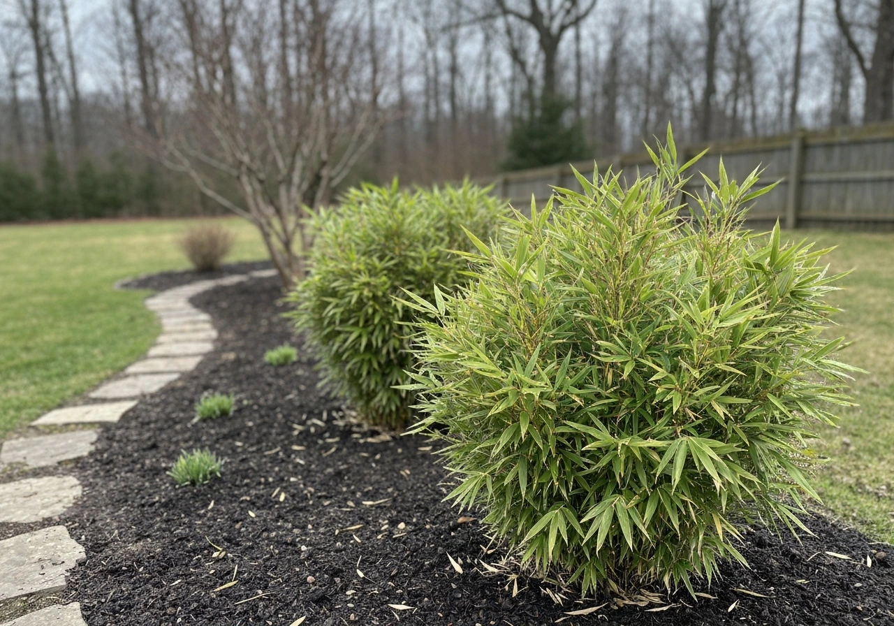 Clumping bamboo thriving in a Virginia backyard, with winter-hardy plants and natural landscape lighting.