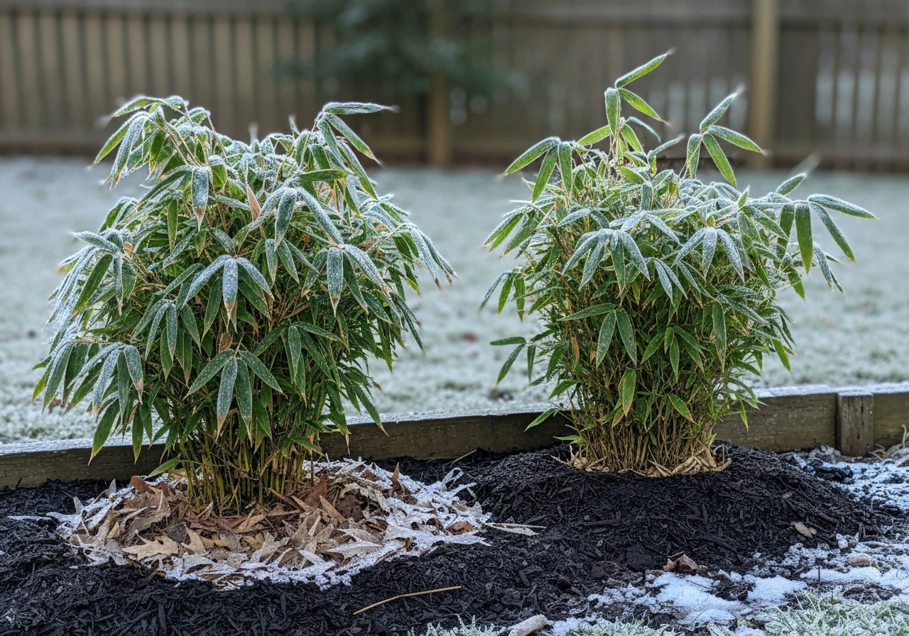 Cold-hardy bamboo in mulched garden soil with frost, showing some winter leaf browning and protected new growth.