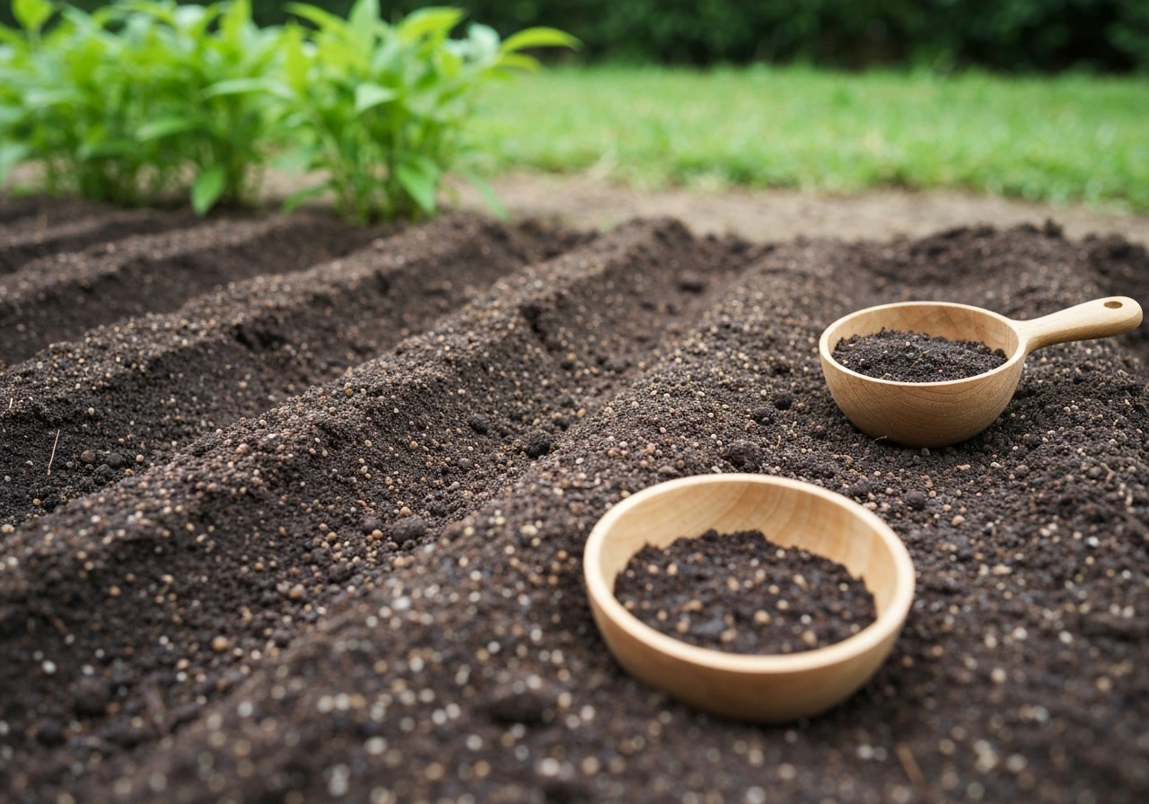 Close-up of damp loamy soil mixed with compost in a prepared garden bed for planting bamboo.