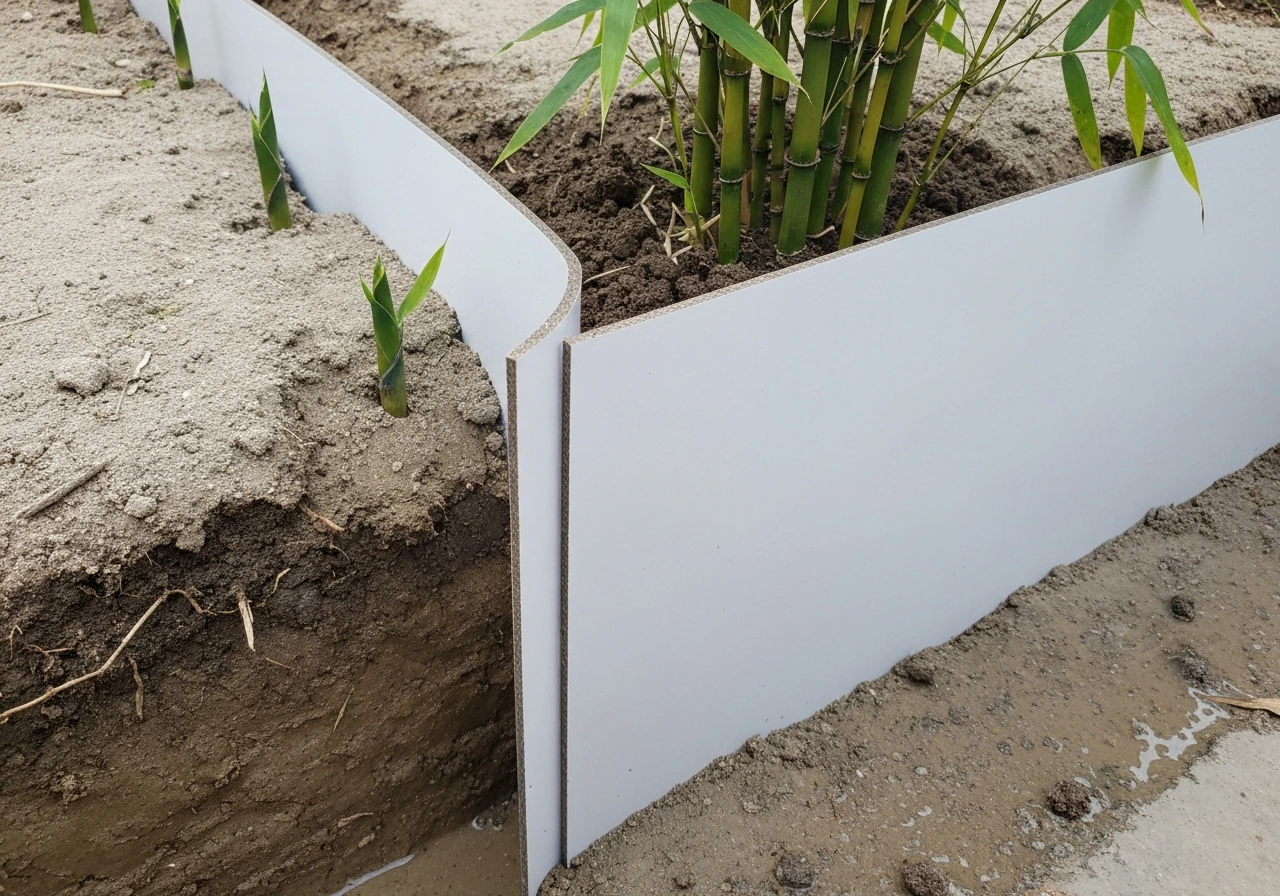 Close-up of a vertically installed HDPE barrier in a trench around running bamboo, with proper overlap and grade.