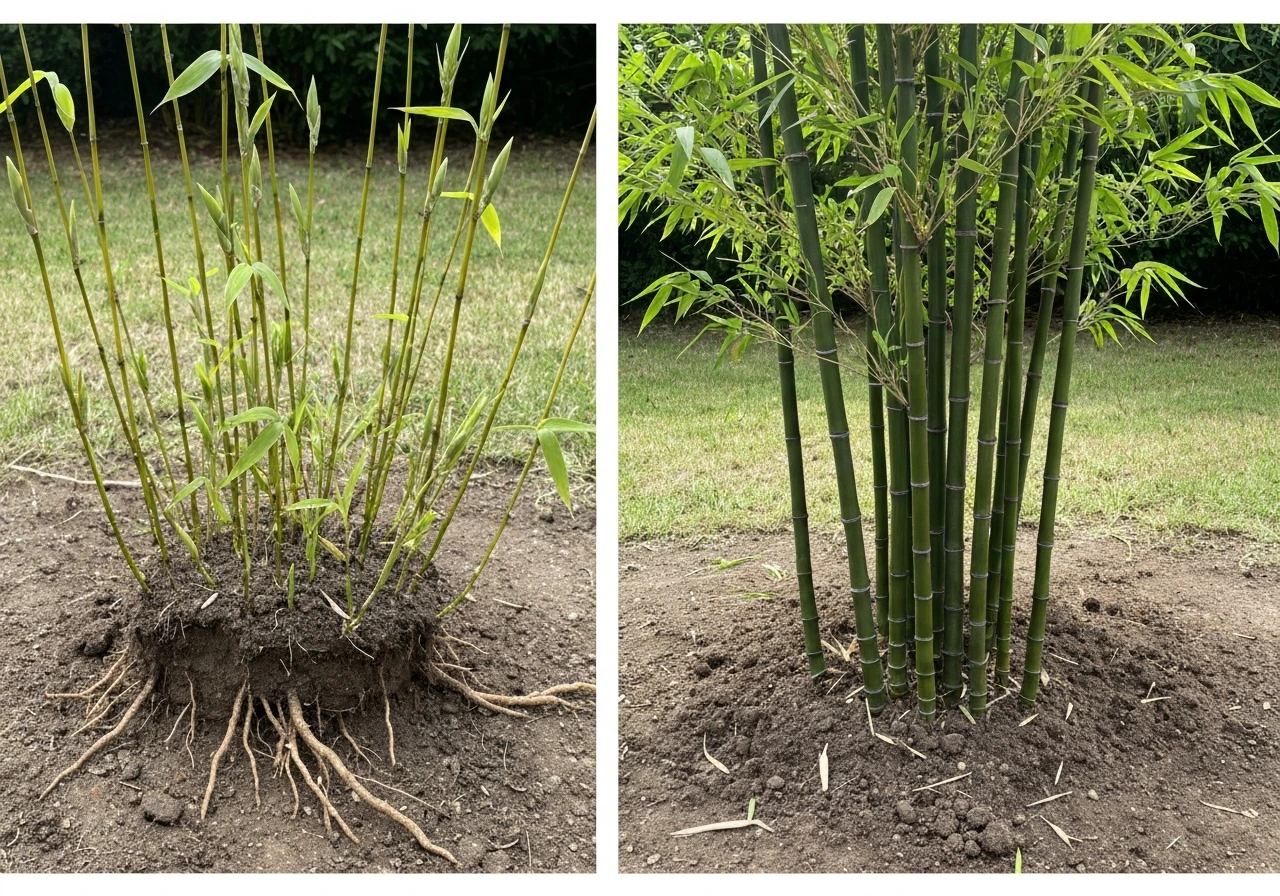 Split garden view showing year-one bamboo with sparse culms and year-two bamboo with thicker upright canes.