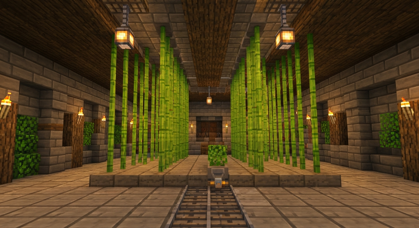 Interior view of a lit, indoor Minecraft-style bamboo farm with tall stalks, ceiling lights, and collection hoppers