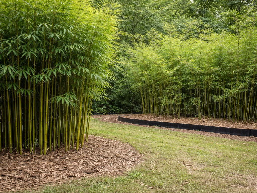 Split side-by-side bamboo plantings: clumping grove in front and running-type bamboo behind root barrier.