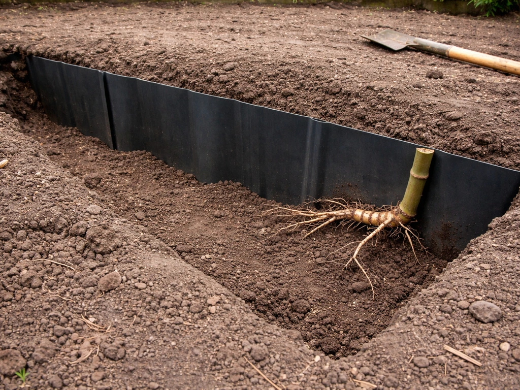 Backyard trench showing a vertical rhizome barrier installed to contain spreading bamboo underground.