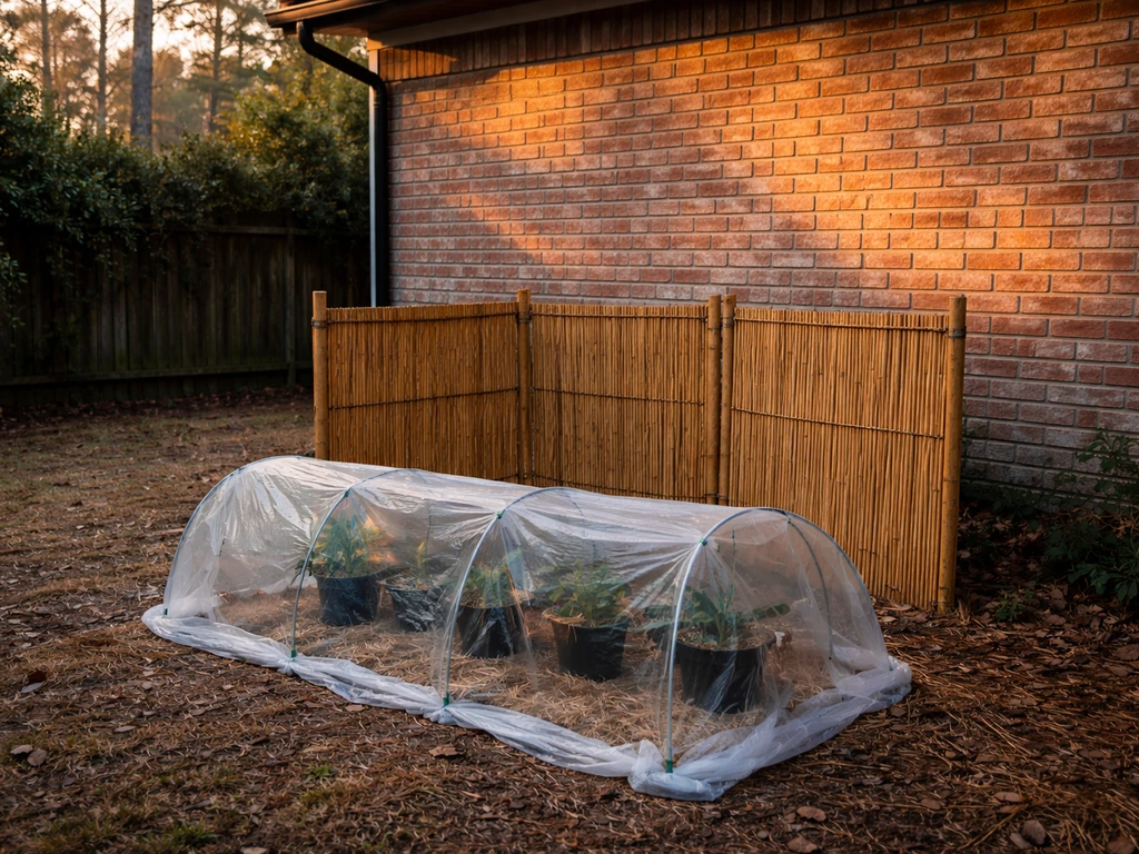 South-facing brick wall with simple frost cover and windbreak protecting potted plants in Louisiana.