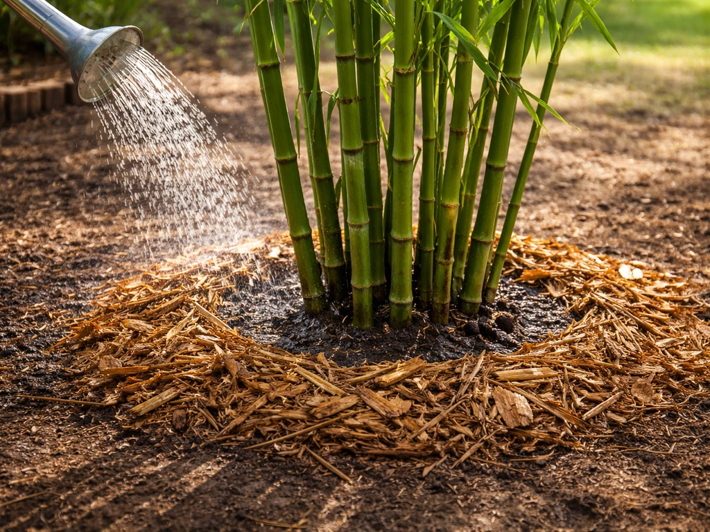 Newly planted bamboo being watered and mulched with wood chips and pine straw around the culms.