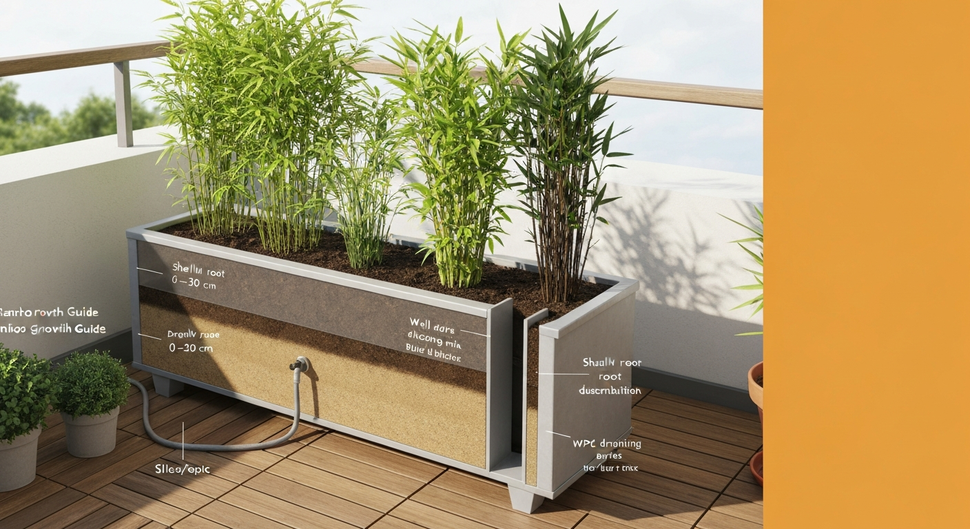 Rectangular balcony trough planted with bamboo; front cutaway shows root zone, soil layers, and an internal rhizome barrier.