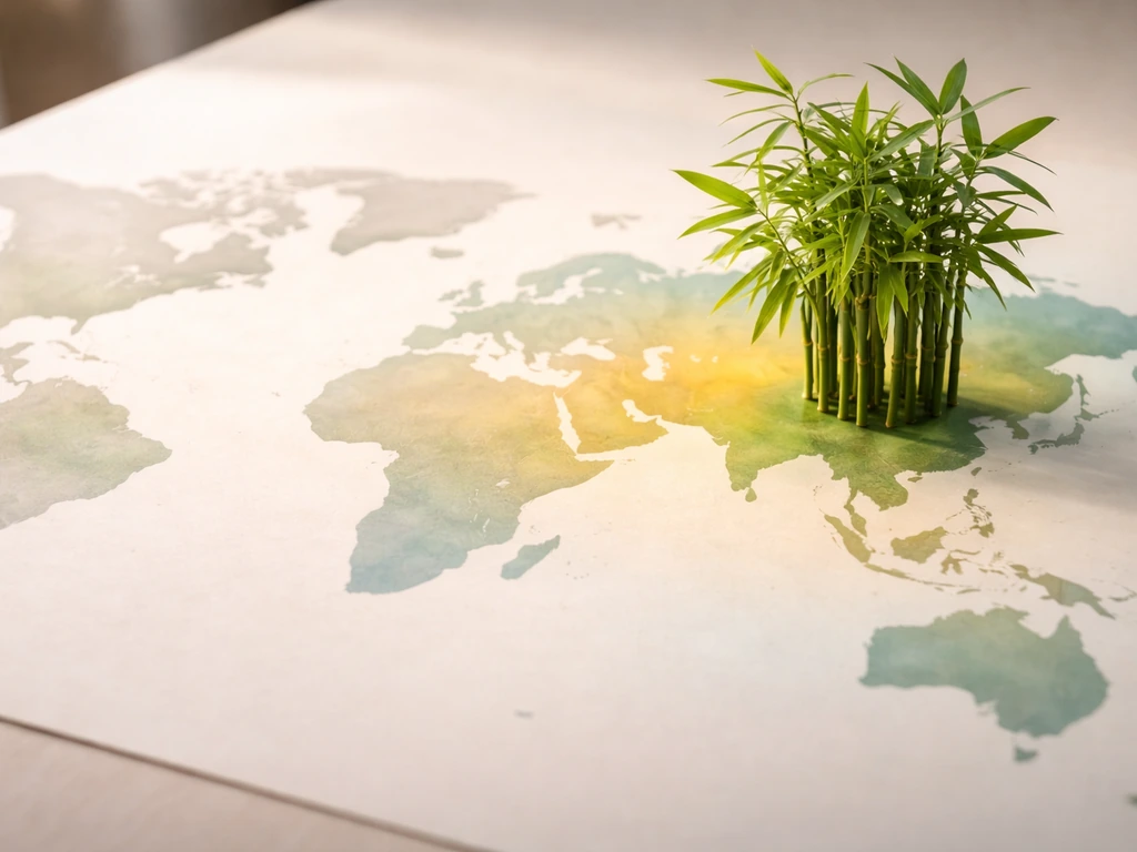 Minimal world map with bamboo near Asia, showing global bamboo habitat with gentle climate color cues.
