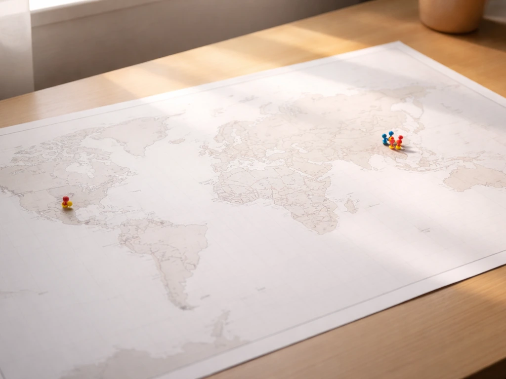 World globe on a desk with pins marking bamboo native Asia and introduced regions elsewhere.