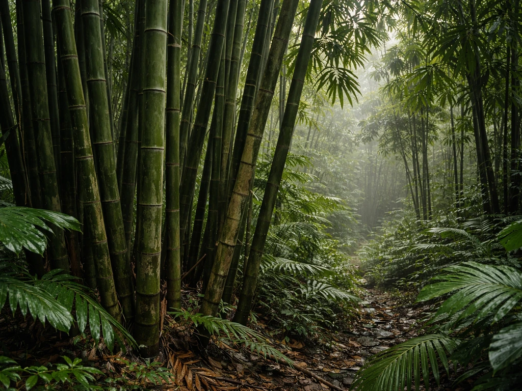 Lush tropical bamboo grove with mixed green foliage and light mist in a humid forest backdrop.