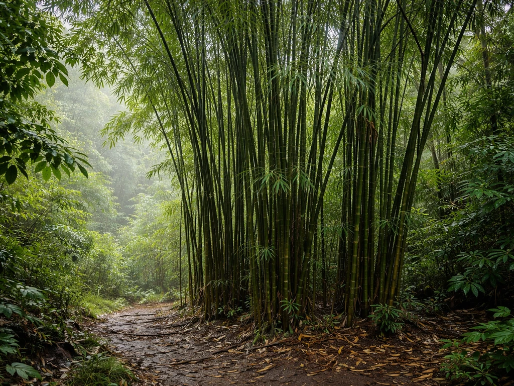 Dense green bamboo stand growing in a humid South American forest edge with dappled sunlight.