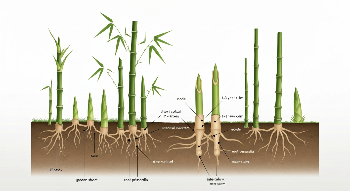 Cutaway botanical illustration of bamboo showing culms above ground and rhizome network with buds and emerging shoots.