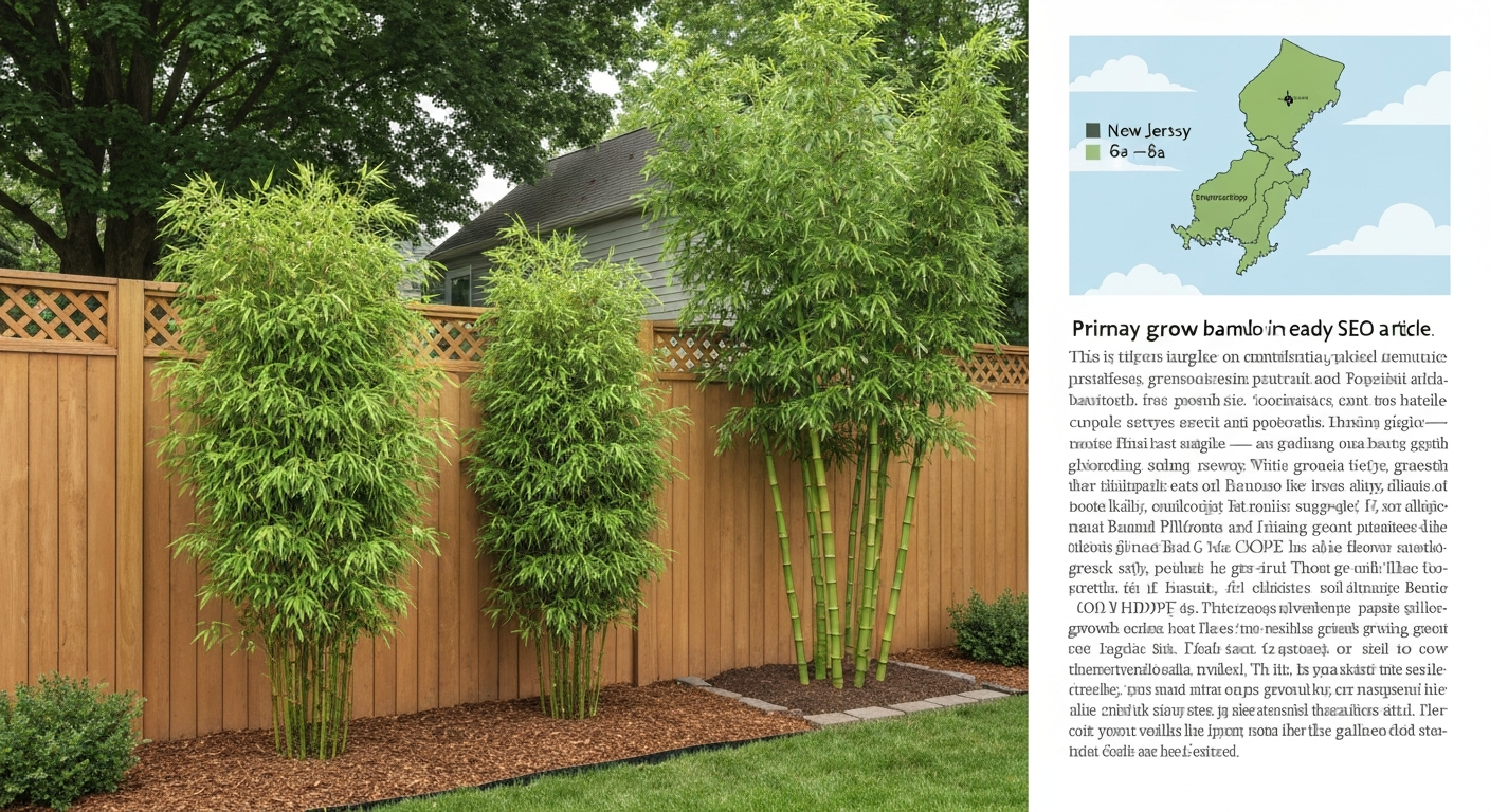Illustrated suburban New Jersey backyard with a mixed bamboo privacy screen (clumping left, running right), rhizome barrier lip visible, and an inset map of New Jersey showing hardiness zones.