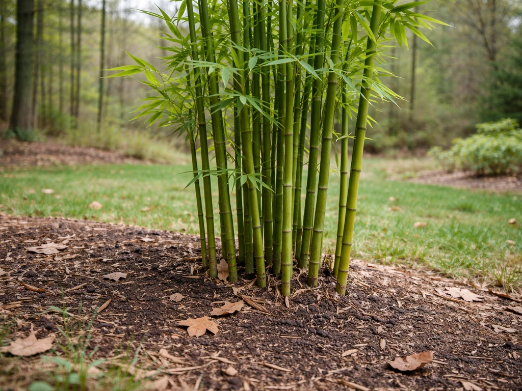 Hardy green bamboo clump growing in a Massachusetts backyard garden with natural New England scenery behind it