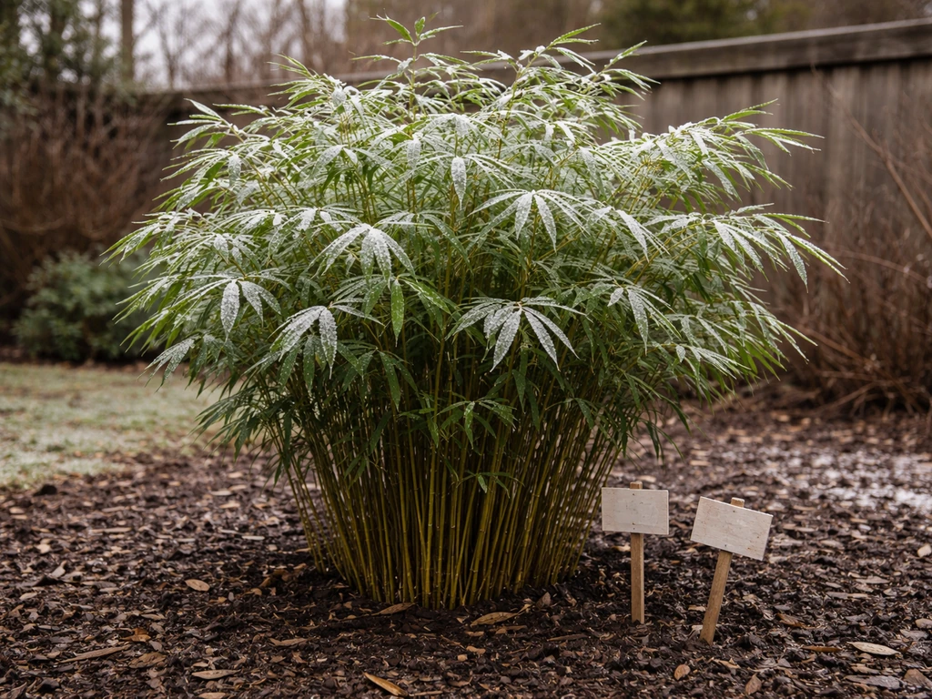 Clumping bamboo plants in a Massachusetts garden bed, mulched soil, winter-ready atmosphere.