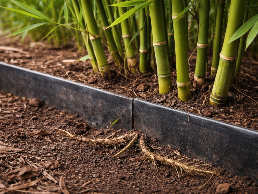 Close-up of fresh bamboo canes pushing up beside a buried root barrier, illustrating containment