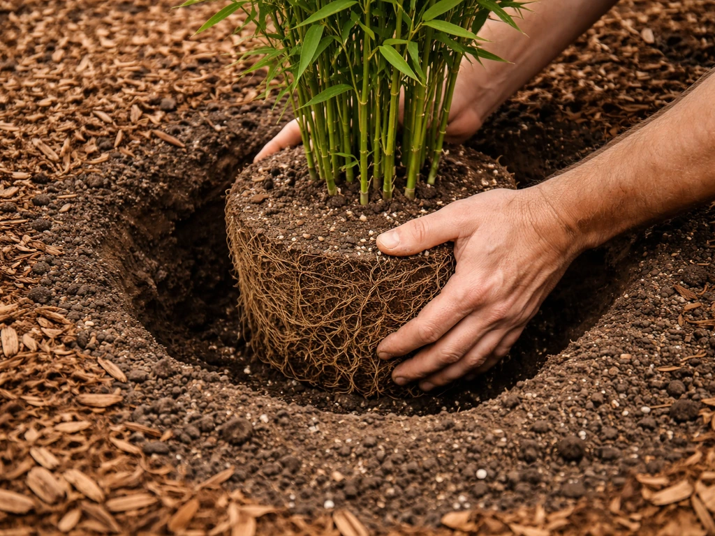 Hands placing a bamboo root ball into a wide hole with fast-draining soil and mulch around it.