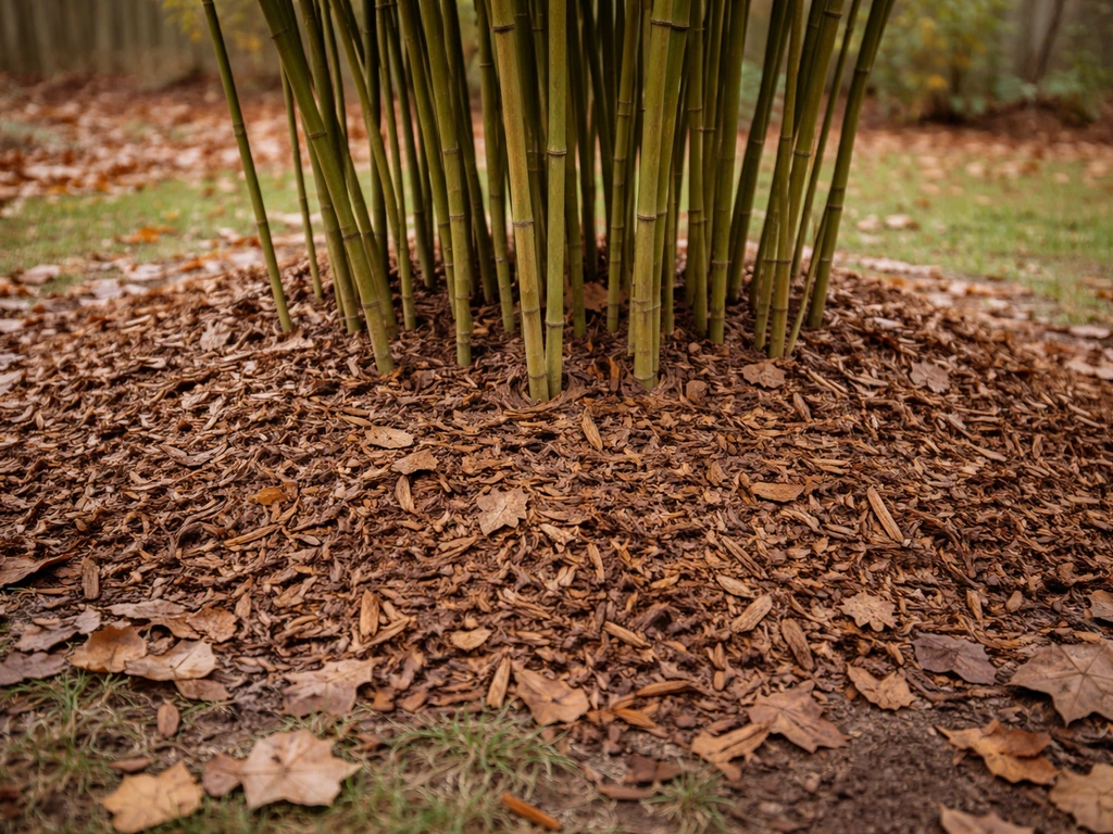 Mulch spread over a bamboo root zone in a Massachusetts yard, with bamboo canes visible beneath.