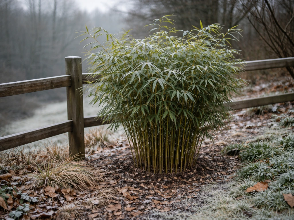 Hardy clumping bamboo in a winter garden near a fence with light frost in a cool Washington-like setting